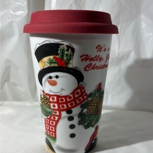 Fitz and Floyd Holly Berry Snowman Travel Mug - Red silicone top